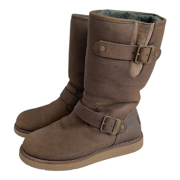 UGG Australia Sutter Brown Leather Sheepskin Mid Calf Buckle Boots Women’s 6 - Picture 2 of 8